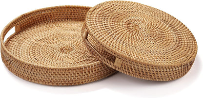 Rattan round Serving Tray, Hand Woven Serving Basket with Cut - Out Handles, Wicker Fruit/Bread Serving Basket (11.8 + 13.8 Inch)