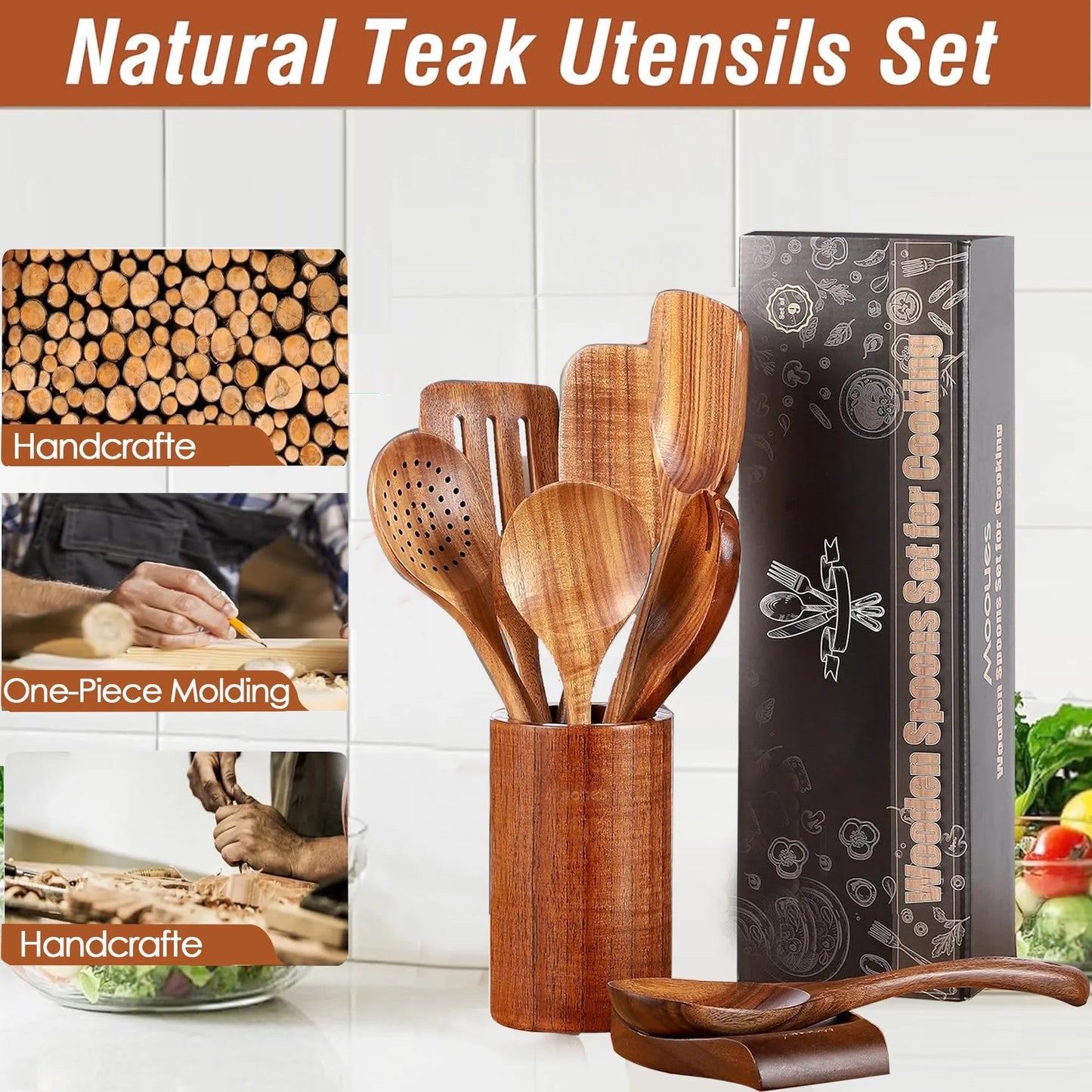 Wooden Spoons for Cooking, 10 Pcs Natural Teak Kitchen Utensil Set, Wooden Cooking Utensils Set for Nonstick Pans & Cookware