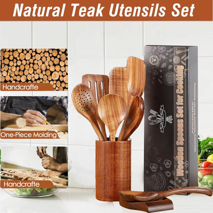 Wooden Spoons for Cooking, 10 Pcs Natural Teak Kitchen Utensil Set, Wooden Cooking Utensils Set for Nonstick Pans & Cookware
