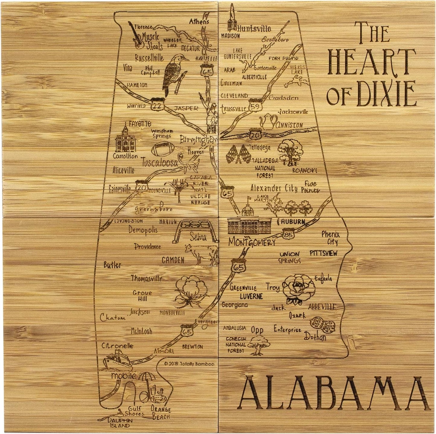 Alabama State Puzzle 4 Piece Bamboo Coaster Set with Case