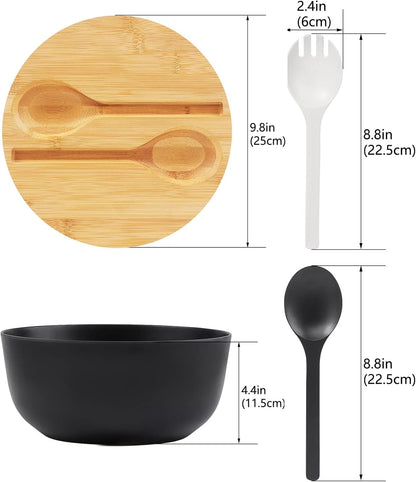 10" Large Salad Serving Bowl with Utensils in Lid, Bamboo Fiber Salad Bowl with Lid, Mixing Bowl with Servers Set for Pasta,Fruit,Veggies,Popcorn to Replace Wooden Bowls - Matte Black