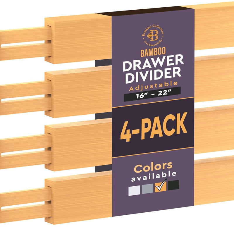 4 Pack Drawer Divider - 2.6" High, 16" to 22" Adjustable Bamboo Drawer Organizers for Clothes, Expandable Dresser Separators in Bedroom/Bathroom/Kitchen/Office Organization and Storage (Natural)