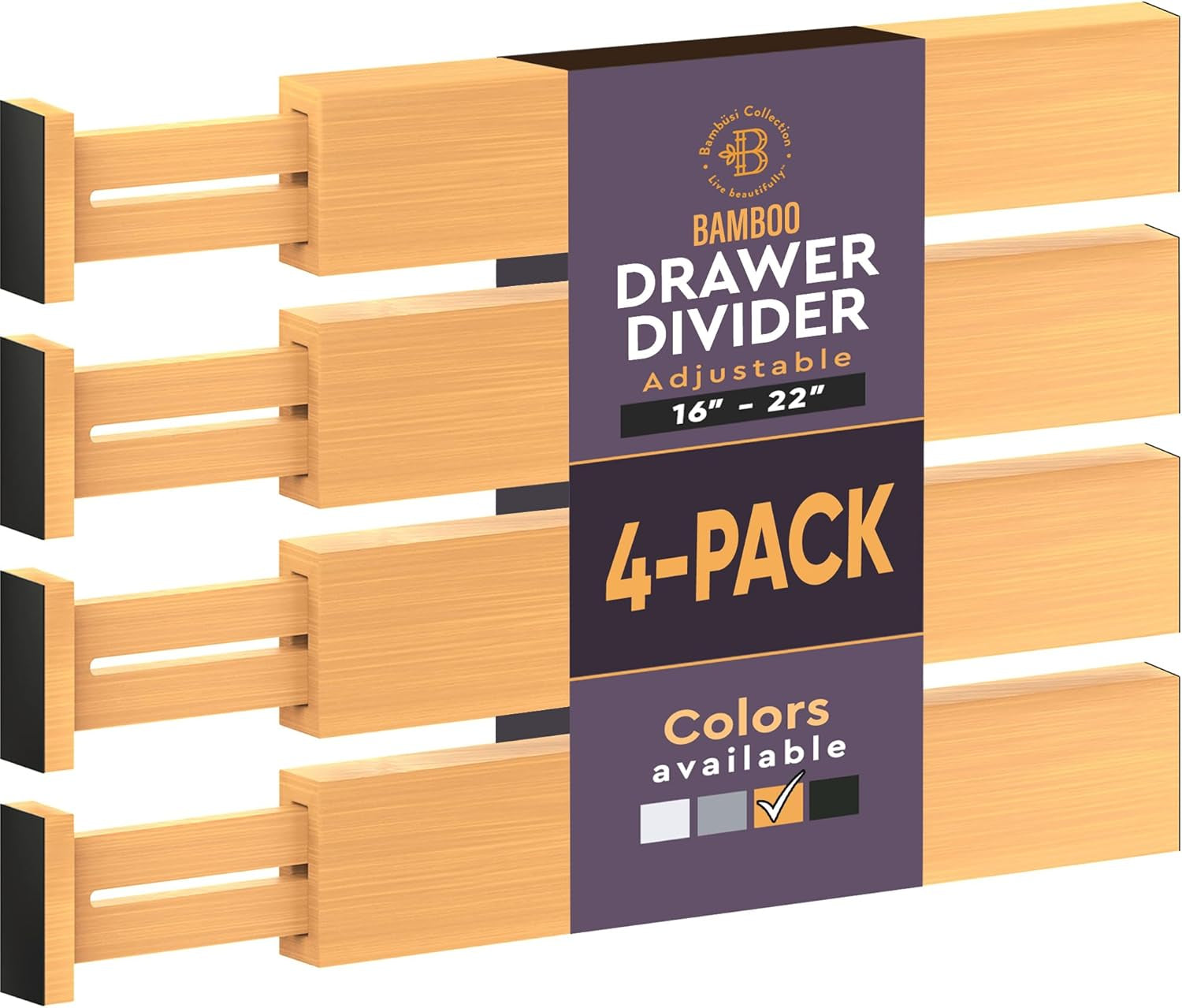 4 Pack Drawer Divider - 2.6" High, 16" to 22" Adjustable Bamboo Drawer Organizers for Clothes, Expandable Dresser Separators in Bedroom/Bathroom/Kitchen/Office Organization and Storage (Natural)