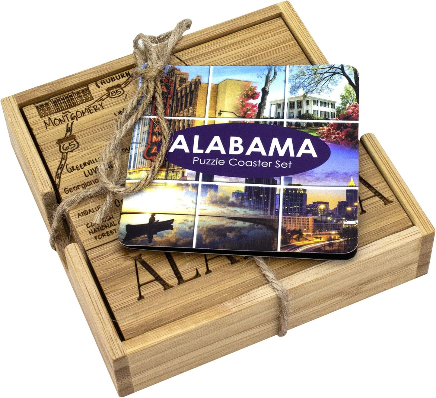 Alabama State Puzzle 4 Piece Bamboo Coaster Set with Case