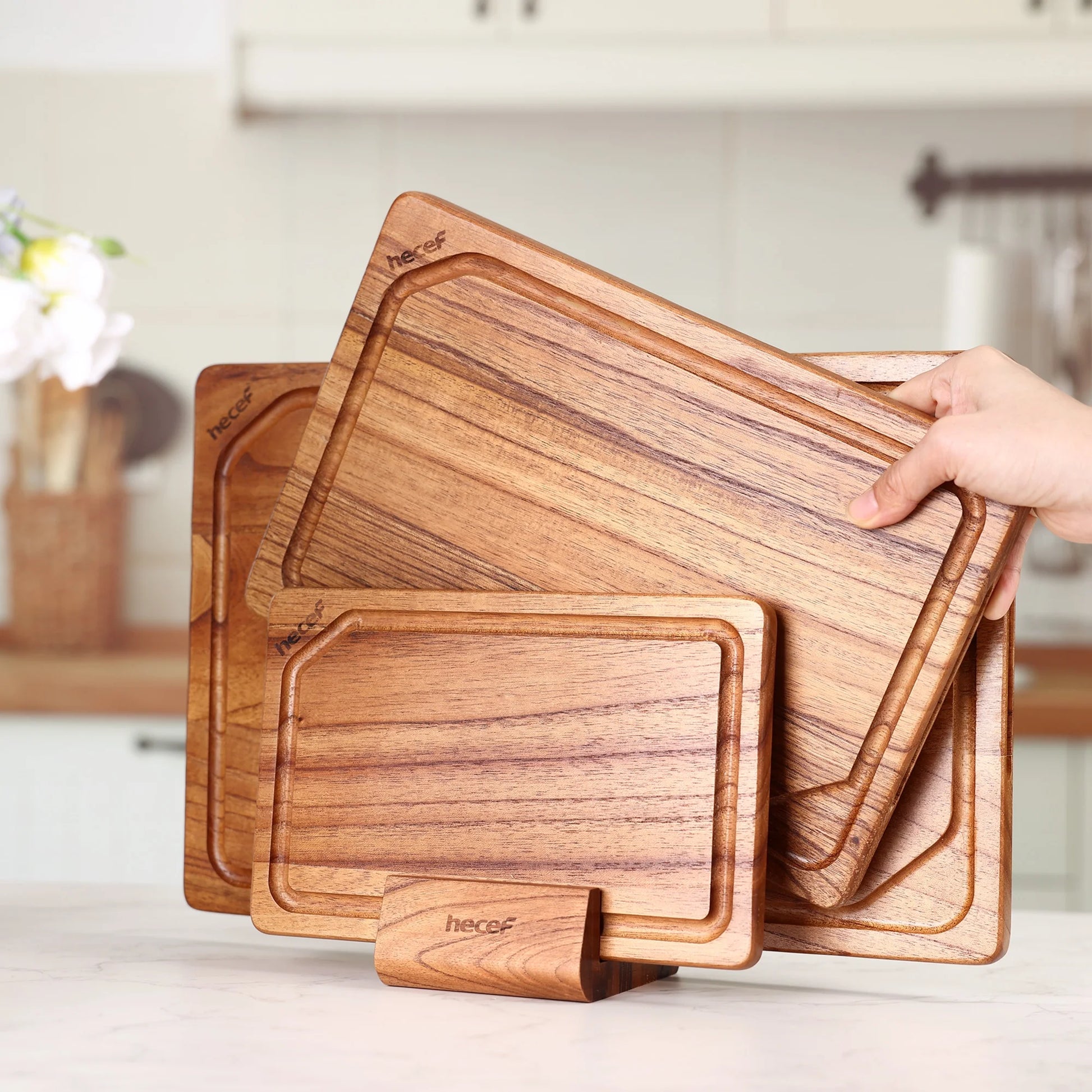 3PCS Wood Cutting Board Set with Holder, 15 Inch Serving Board for Kitchen Meal Prep & Serving