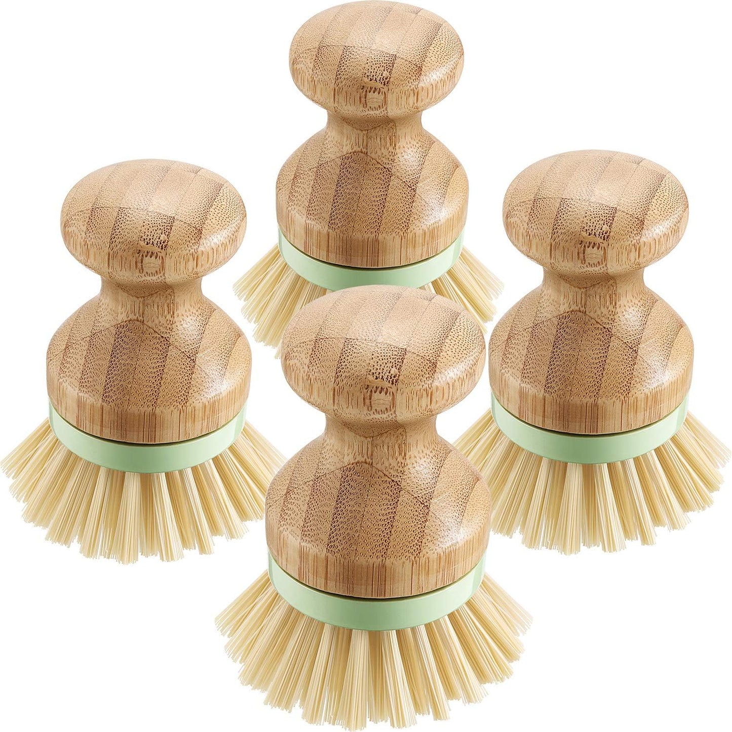 4 Pieces Bamboo Dish Scrub Brush with Holders Wooden Bamboo round Scrubbers Stiff Bristles Pot Brushes for Wash Dishes, Pots, Pans, Kitchen Iron Pot Pan Sink(Classic Style,Green)