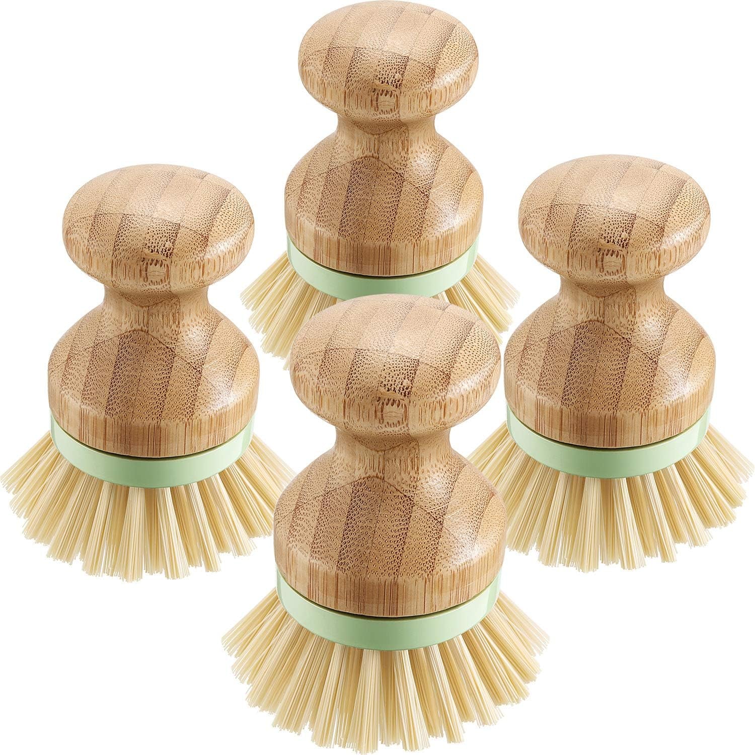 4 Pieces Bamboo Dish Scrub Brush with Holders Wooden Bamboo round Scrubbers Stiff Bristles Pot Brushes for Wash Dishes, Pots, Pans, Kitchen Iron Pot Pan Sink(Classic Style,Green)