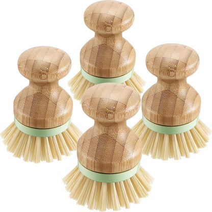 4 Pieces Bamboo Dish Scrub Brush with Holders Wooden Bamboo round Scrubbers Stiff Bristles Pot Brushes for Wash Dishes, Pots, Pans, Kitchen Iron Pot Pan Sink(Classic Style,Green)