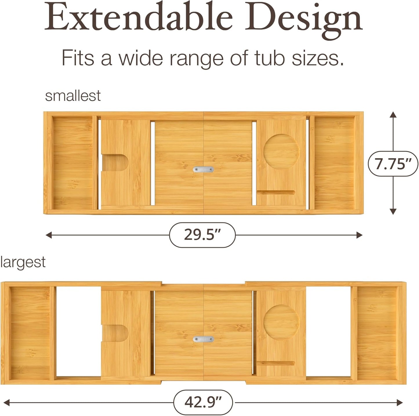Wooden Bathtub Tray - Foldable & Expandable Bamboo Bath Tray for Tub with Wine Holder, Book & Tablet Stand - Bath Caddy Tray for Bathtub, Spa Bath Accessories for Women, Tub Tray Table