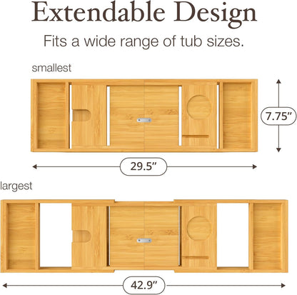 Wooden Bathtub Tray - Foldable & Expandable Bamboo Bath Tray for Tub with Wine Holder, Book & Tablet Stand - Bath Caddy Tray for Bathtub, Spa Bath Accessories for Women, Tub Tray Table
