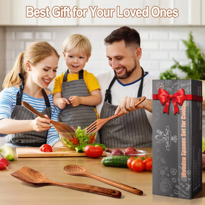 Wooden Spoons for Cooking, 10 Pcs Natural Teak Kitchen Utensil Set, Wooden Cooking Utensils Set for Nonstick Pans & Cookware