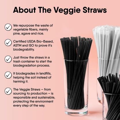 – 100 PCS of 8.25 Inches Individually Wrapped Black Biodegradable Straws – Made of Vegetable Fibers, Best Environment Friendly Drinking Straws for Hot and Cold Beverages