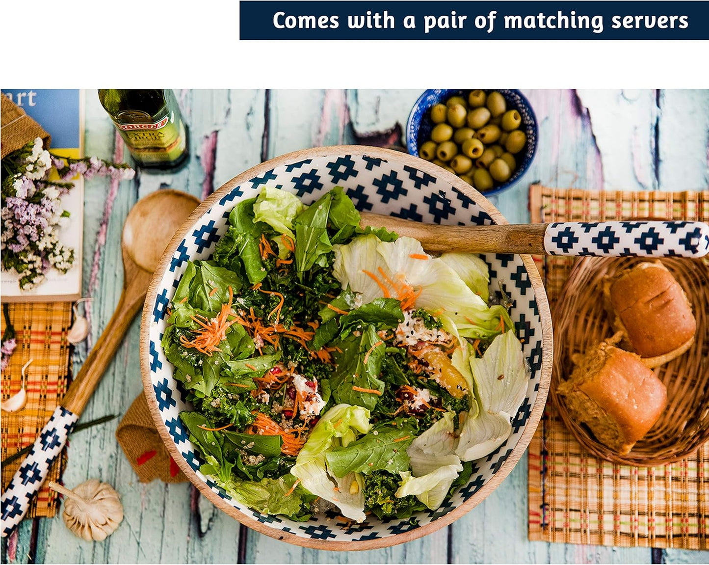 Salad Bowl or Wooden Bowls with Serving Tongs, Large for Fruits, Cereal or Pasta, Large Mixing Bowl Set, 12" Diameter X 5" Height, Mango Wood, Blue