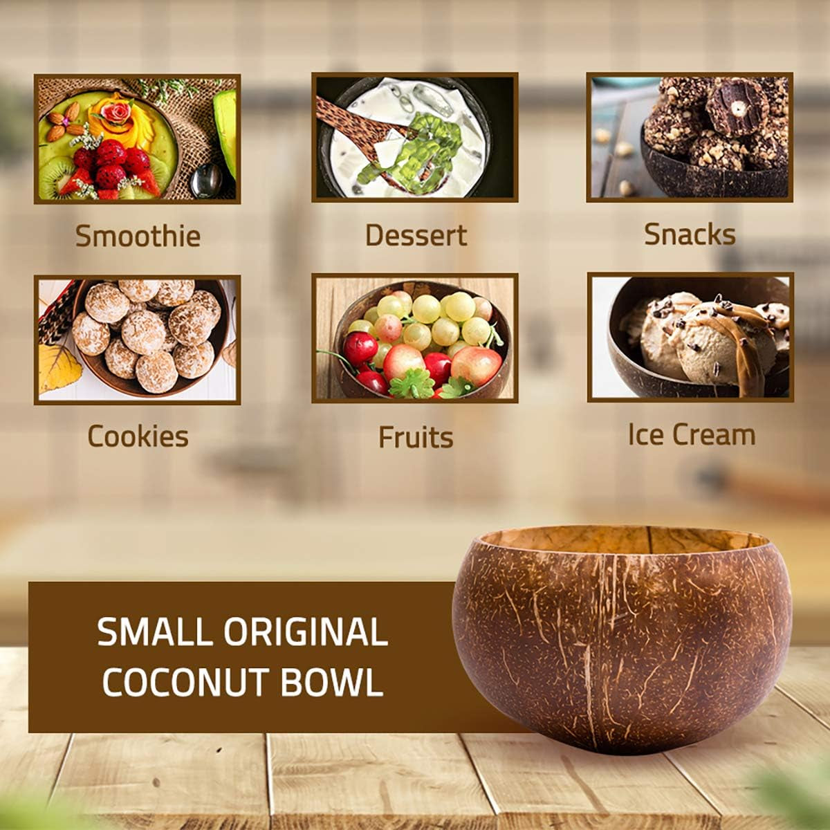 Set of 2 Small Original Coconut Bowls, 2 Wooden Spoons & 2 Reusable Bamboo Straws - 100% Natural, Hand Carved by Artisans, Eco-Friendly & Sustainable - Smoothie/Acai/Salad Bowls