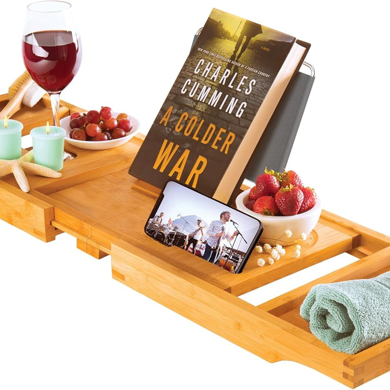 Wooden Bathtub Tray - Foldable & Expandable Bamboo Bath Tray for Tub with Wine Holder, Book & Tablet Stand - Bath Caddy Tray for Bathtub, Spa Bath Accessories for Women, Tub Tray Table