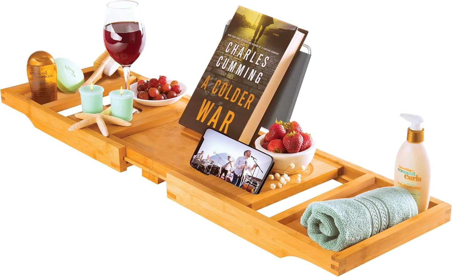 Wooden Bathtub Tray - Foldable & Expandable Bamboo Bath Tray for Tub with Wine Holder, Book & Tablet Stand - Bath Caddy Tray for Bathtub, Spa Bath Accessories for Women, Tub Tray Table