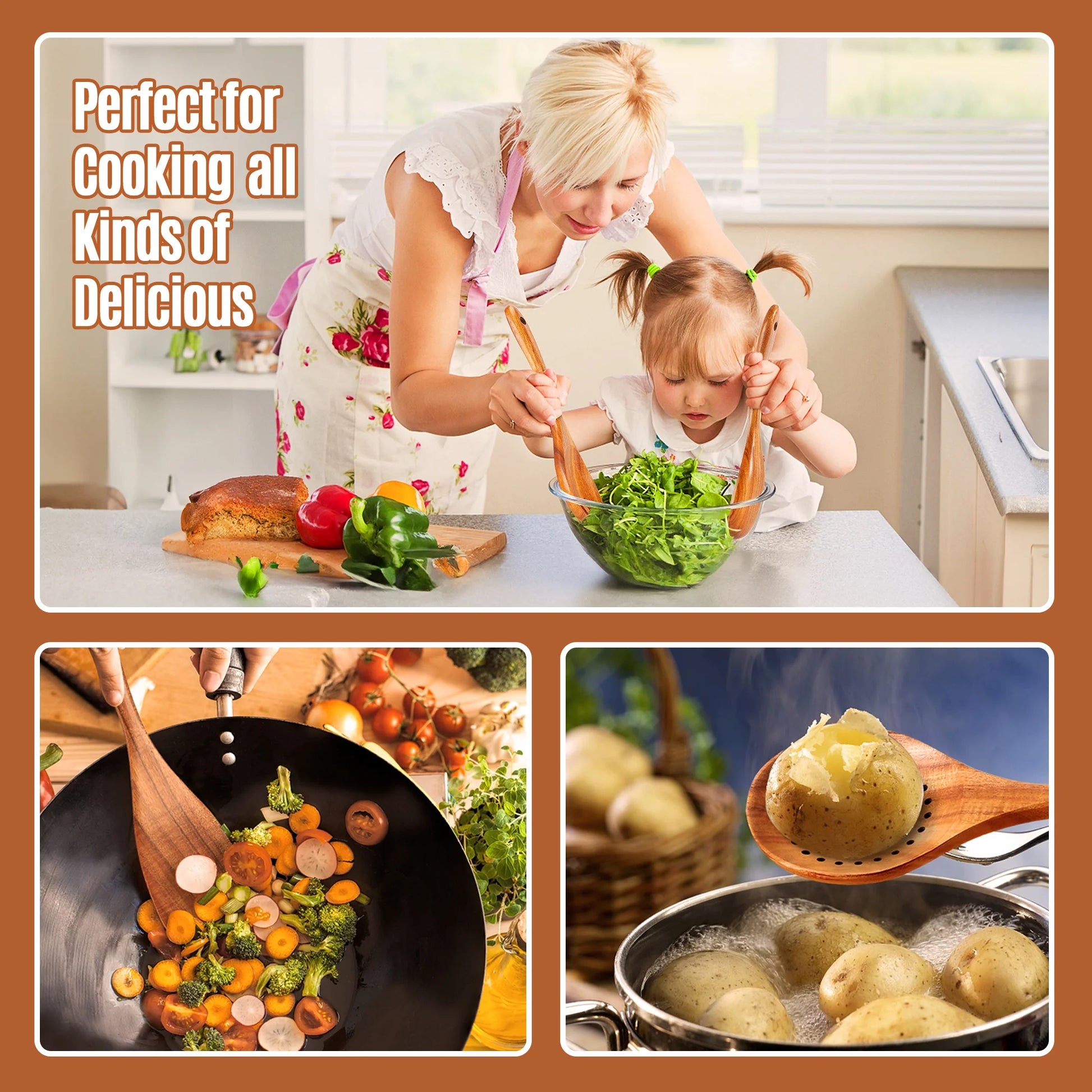 Wooden Spoons for Cooking, 10 Pcs Natural Teak Kitchen Utensil Set, Wooden Cooking Utensils Set for Nonstick Pans & Cookware