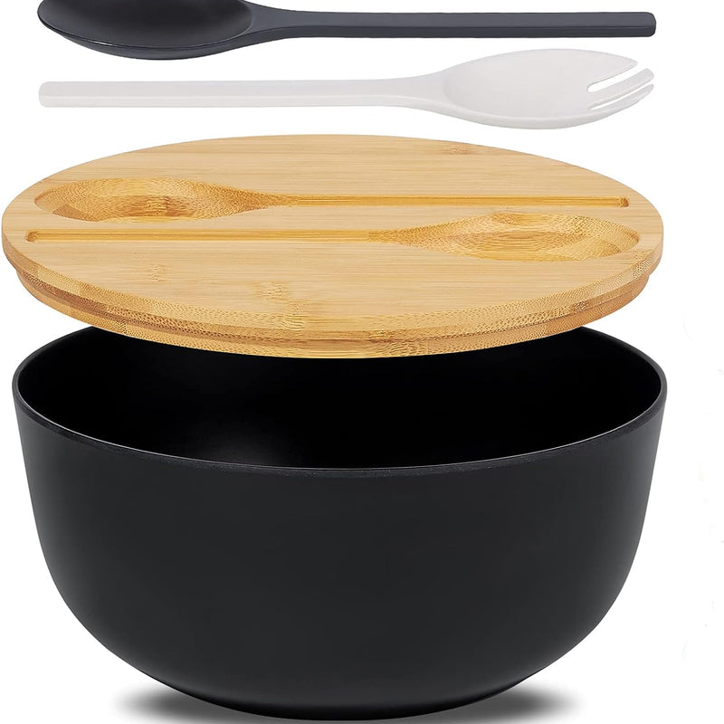 10" Large Salad Serving Bowl with Utensils in Lid, Bamboo Fiber Salad Bowl with Lid, Mixing Bowl with Servers Set for Pasta,Fruit,Veggies,Popcorn to Replace Wooden Bowls - Matte Black