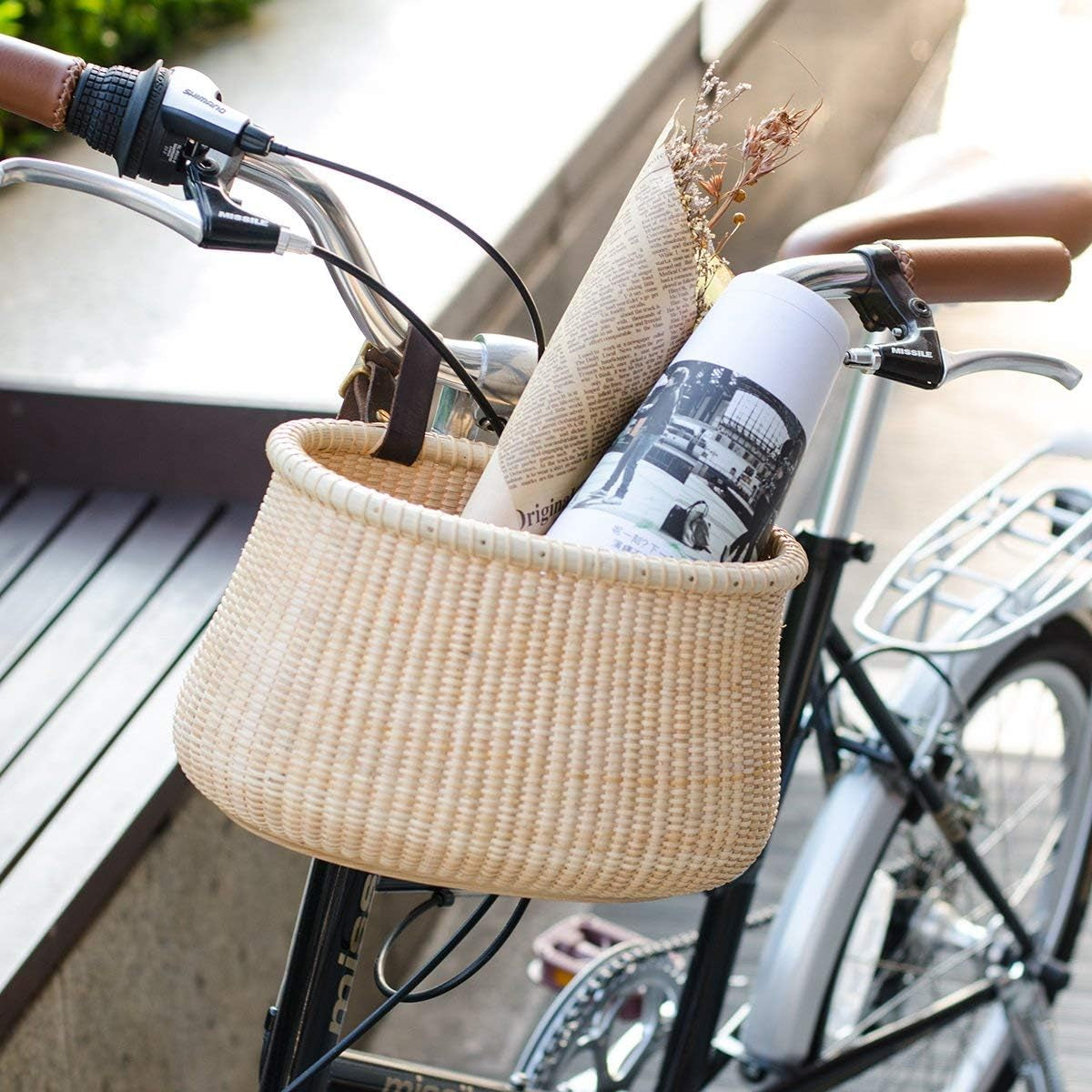 Bicycle Basket Cane Woven Copper Leather Straps and Buckle with Basket Rattan Baskets for Wall Rattan Baskets for Organizing