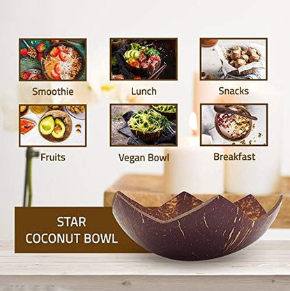 Set of 2 Jumbo Star Coconut Bowls, 2 Wooden Spoons & 2 Reusable Bamboo Straws - 100% Natural, Hand Carved by Artisans, Eco-Friendly & Sustainable - Smoothie/Acai/Salad Bowls