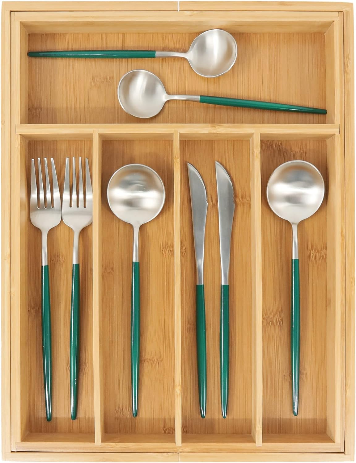 Bamboo Drawer Organizer, Expandable Silverware Drawer Organizer, Cutlery Tray with Dividers for Kitchen Utensils, Medium