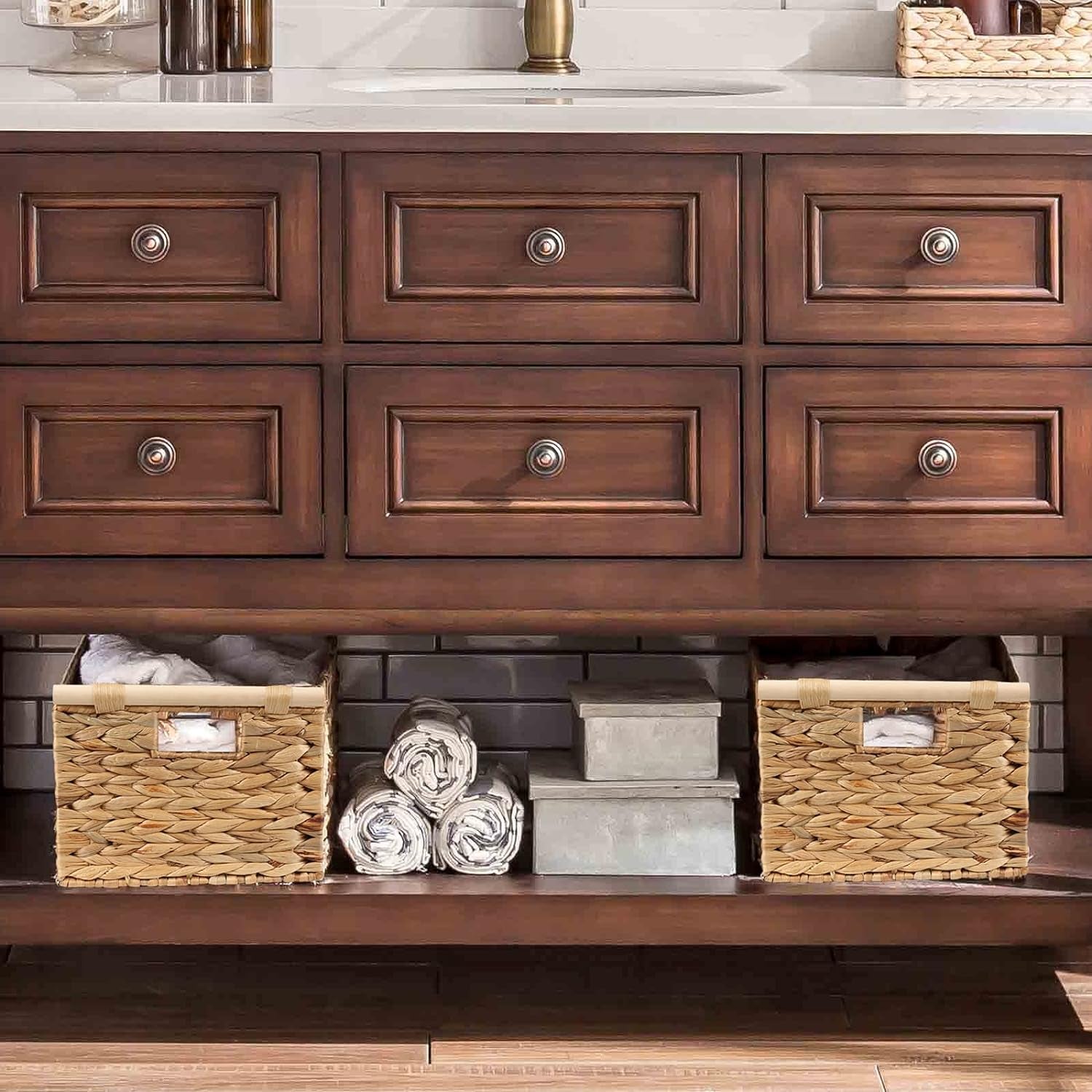 Large Rectangular Wicker Basket with Built-In Wooden Handles, Water Hyacinth Woven Basket for Organizing, Utility Shelves, Towel Storage Basket