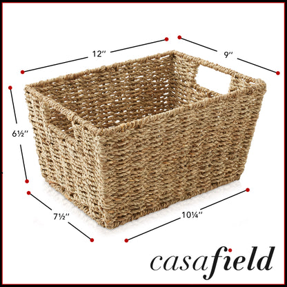 Set of 4 Storage Baskets with Handles, Wicker Seagrass Hyacinth Bins for Shelves