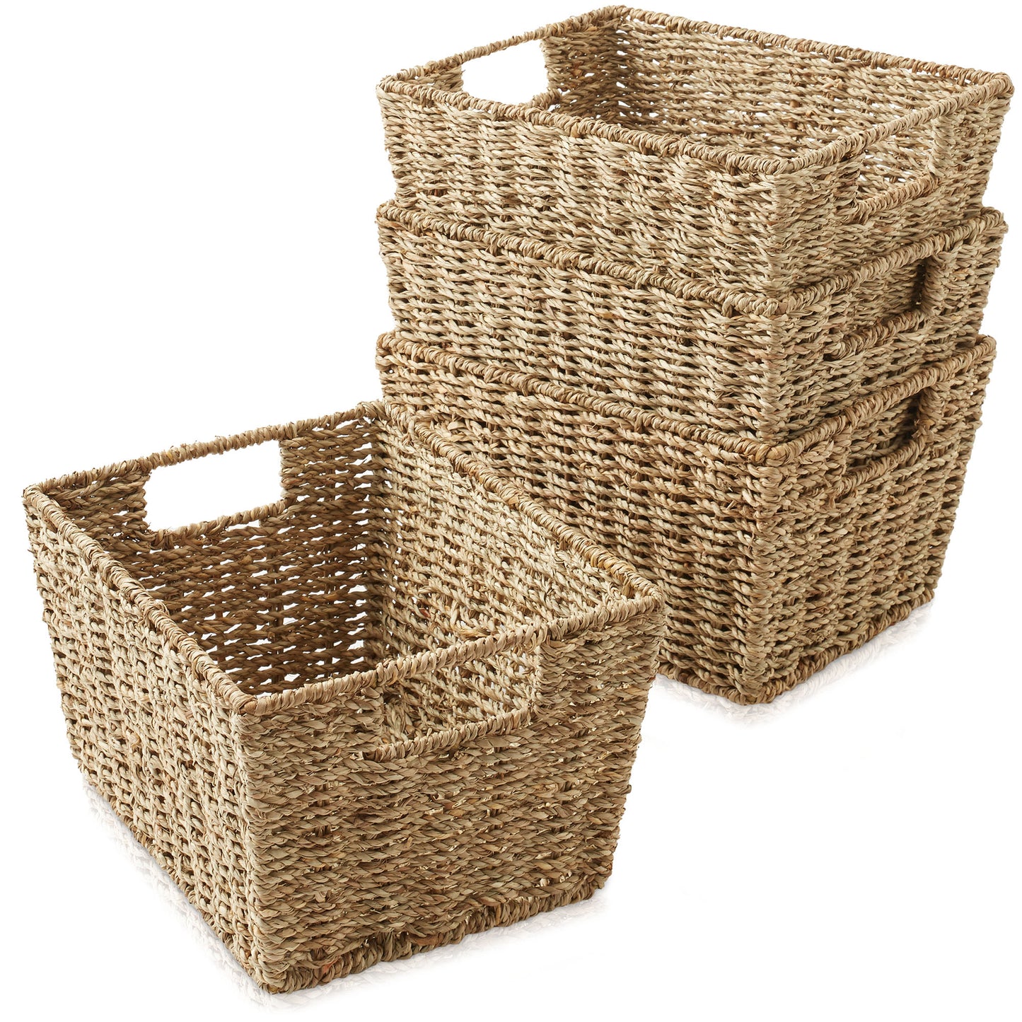 Set of 4 Storage Baskets with Handles, Wicker Seagrass Hyacinth Bins for Shelves