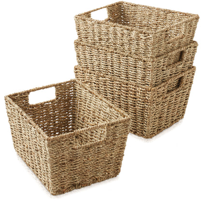 Set of 4 Storage Baskets with Handles, Wicker Seagrass Hyacinth Bins for Shelves