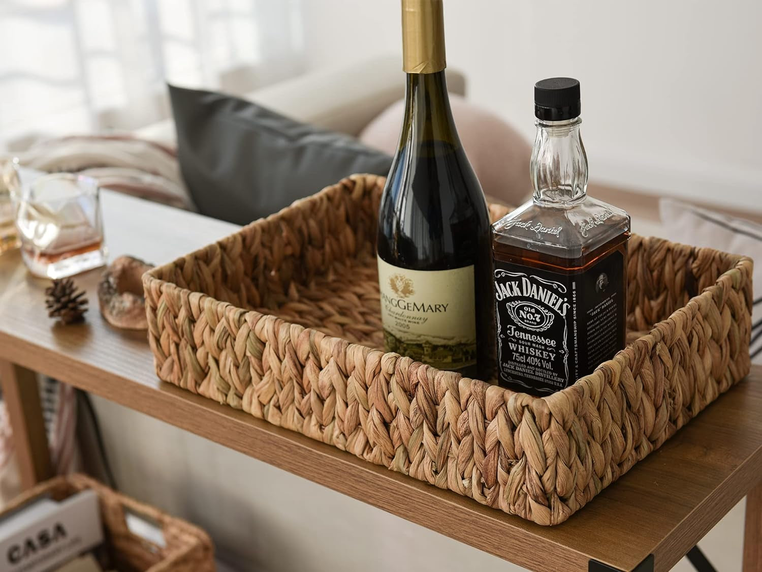 Large Water Hyacinth Tray for Bathroom, Wicker Storage Basket for Shelves, Handwoven Natural Hyacinth Baskets for Organizing, 2-Pack