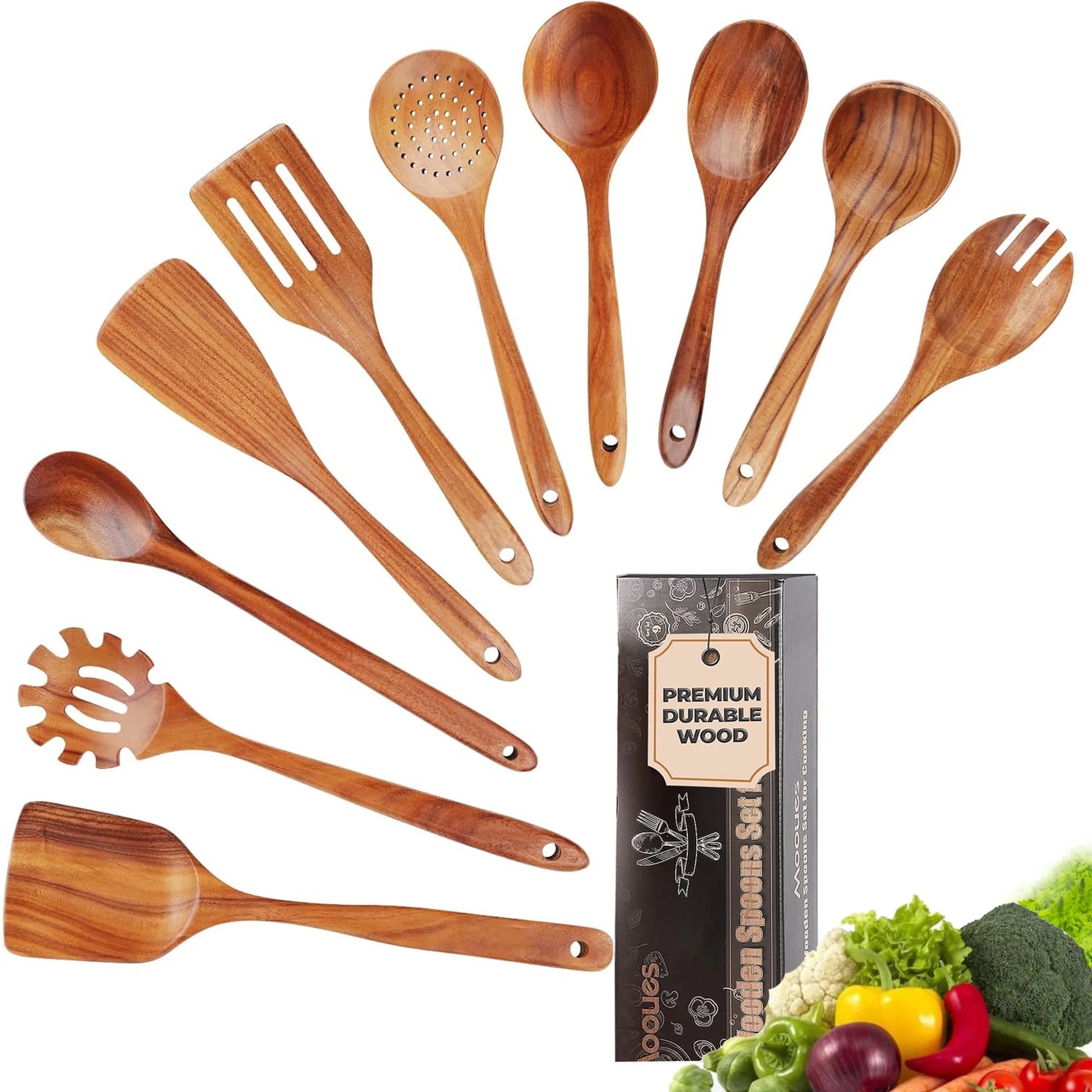 Wooden Spoons for Cooking, 10 Pcs Natural Teak Kitchen Utensil Set, Wooden Cooking Utensils Set for Nonstick Pans & Cookware