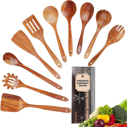 Wooden Spoons for Cooking, 10 Pcs Natural Teak Kitchen Utensil Set, Wooden Cooking Utensils Set for Nonstick Pans & Cookware