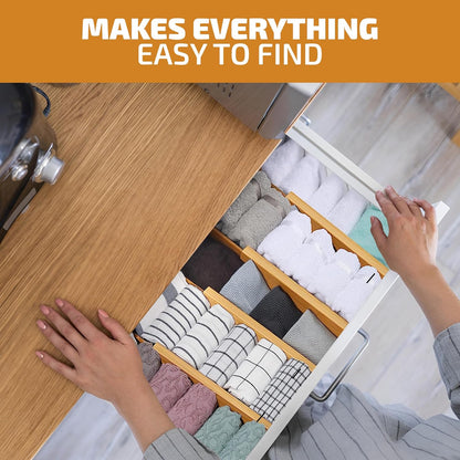 4 Pack Drawer Divider - 2.6" High, 16" to 22" Adjustable Bamboo Drawer Organizers for Clothes, Expandable Dresser Separators in Bedroom/Bathroom/Kitchen/Office Organization and Storage (Natural)