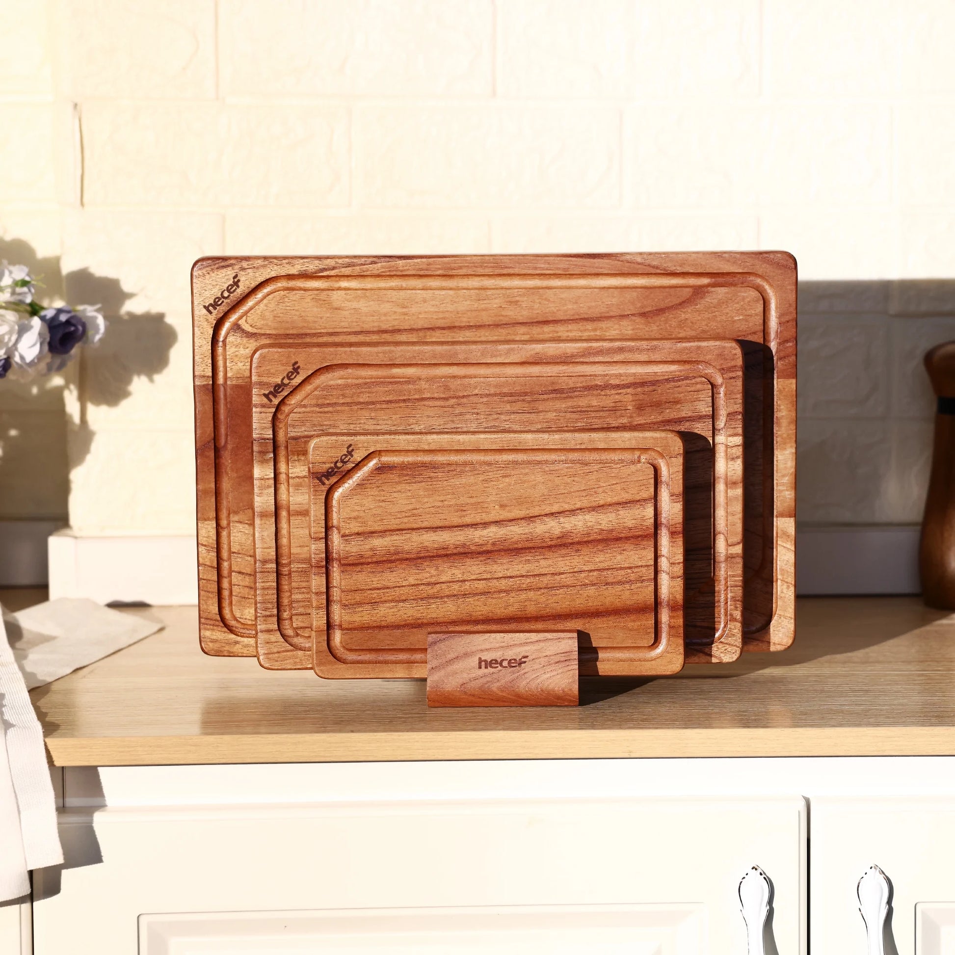 3PCS Wood Cutting Board Set with Holder, 15 Inch Serving Board for Kitchen Meal Prep & Serving