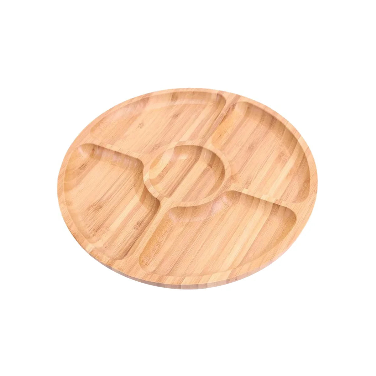 Bamboo round 5 Compartment Serving Tray, Ideal for Snacks, Fruits, Nuts, Wooden Plate with Dividers for Party Platters