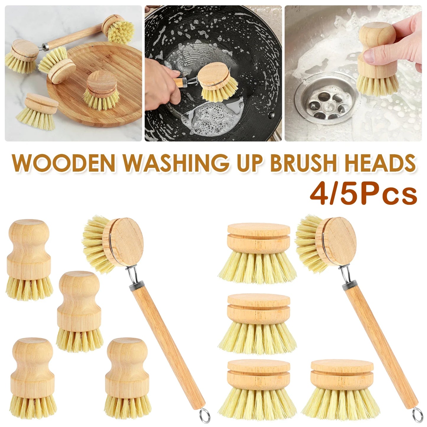 5 Piece Bamboo Dish Brush Set with Coconut Sponge - Wooden Dish Brush with Sisal and Palm Fiber, Natural Bamboo Dish Scrub Brush for Kitchen Cleaning Dishes, Pots, Pans, Bottles, Vegetables