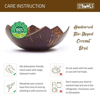 Set of 2 Jumbo Star Coconut Bowls, 2 Wooden Spoons & 2 Reusable Bamboo Straws - 100% Natural, Hand Carved by Artisans, Eco-Friendly & Sustainable - Smoothie/Acai/Salad Bowls