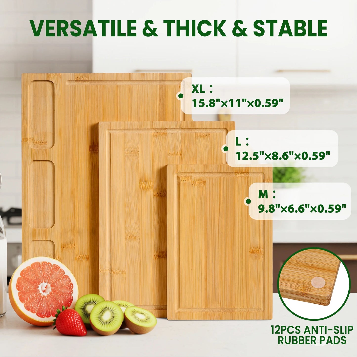 Cutting Board Set of 3, Bamboo Chopping Boards for Kitchen, Heavy Duty Wooden Serving Tray with Juice Groove