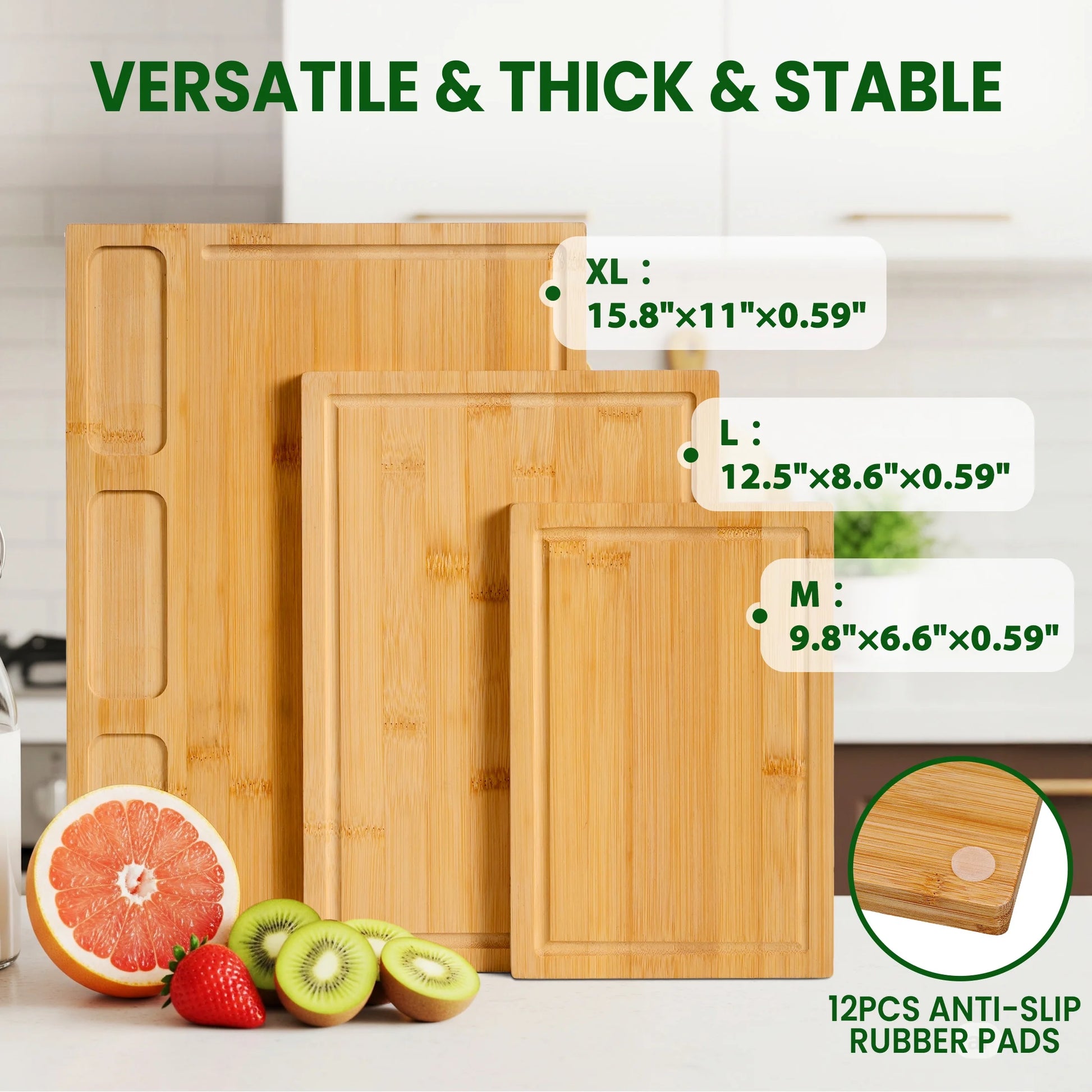 Cutting Board Set of 3, Bamboo Chopping Boards for Kitchen, Heavy Duty Wooden Serving Tray with Juice Groove