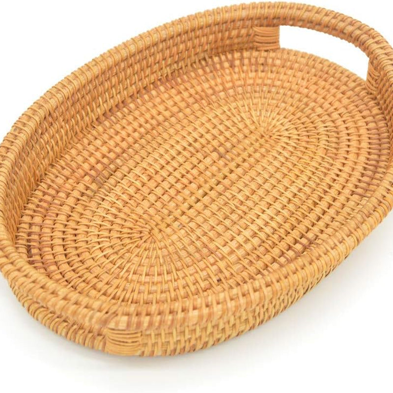 Small Handmade Rattan Basket, Oval Wicker Bowl, Rustic Serving Tray with Handles, Fruit Bowls, Table Organizers Storage Dish for Food, Catering, Catchall, Brown, S, 12.6 Inch