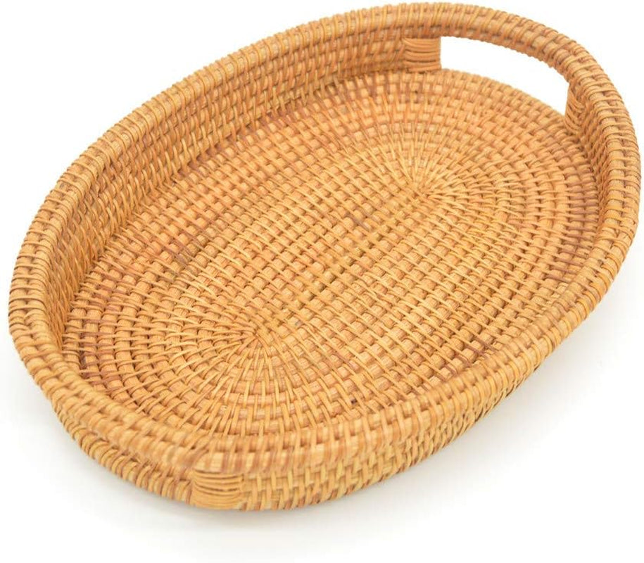 Small Handmade Rattan Basket, Oval Wicker Bowl, Rustic Serving Tray with Handles, Fruit Bowls, Table Organizers Storage Dish for Food, Catering, Catchall, Brown, S, 12.6 Inch