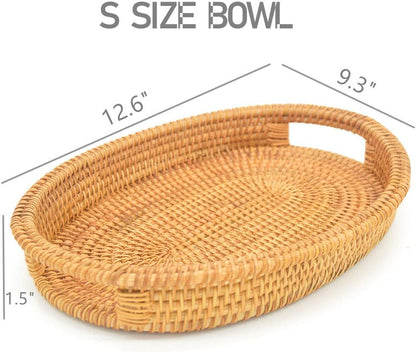 Small Handmade Rattan Basket, Oval Wicker Bowl, Rustic Serving Tray with Handles, Fruit Bowls, Table Organizers Storage Dish for Food, Catering, Catchall, Brown, S, 12.6 Inch
