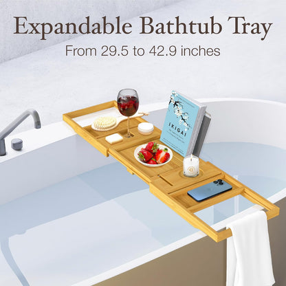 Wooden Bathtub Tray - Foldable & Expandable Bamboo Bath Tray for Tub with Wine Holder, Book & Tablet Stand - Bath Caddy Tray for Bathtub, Spa Bath Accessories for Women, Tub Tray Table