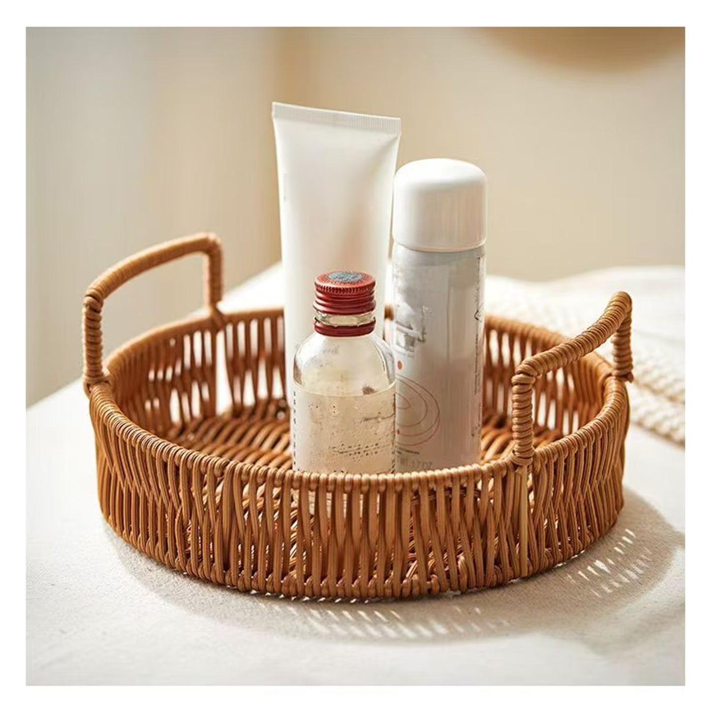 Rattan Tray for Coffee Table - round Decorative Tray with Handles for Serving - Natural Woven Flat Basket for Centerpiece, Night Stand, Ottoman, Kitchen & Bathroom Decor