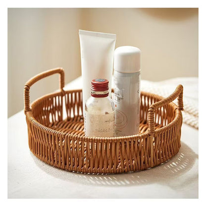 Rattan Tray for Coffee Table - round Decorative Tray with Handles for Serving - Natural Woven Flat Basket for Centerpiece, Night Stand, Ottoman, Kitchen & Bathroom Decor