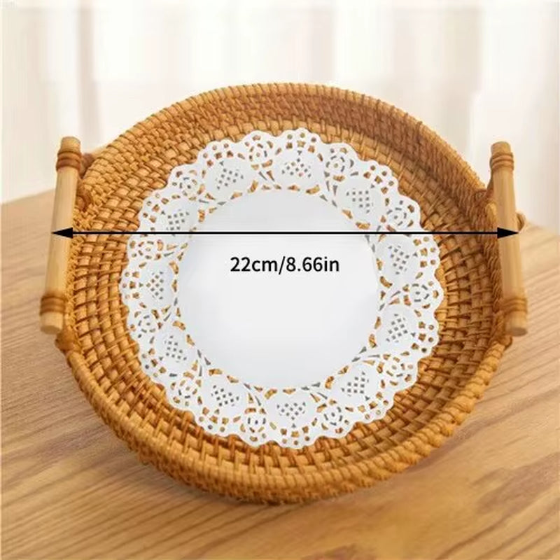 1PC Rattan Bread Storage Woven Snacks Fruit round Tray Picnic Binaural Tray Living Room Table Finishing