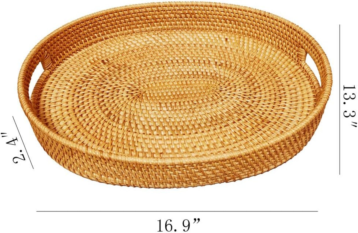 Oval Rattan X-Large Breakfast Severing Tray-17 Wicker Woven Food Storage Platters for Fruit,Bread, Drinks,Snacks|Coffee Table Serving Basket Ottoman Tray with Handles and 2.4" Wall(Xxl-43Cm)
