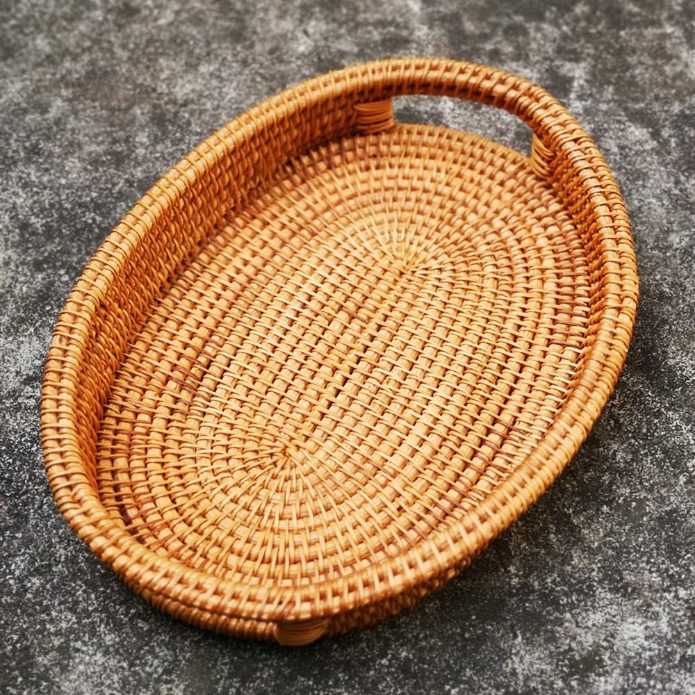 Small Handmade Rattan Basket, Oval Wicker Bowl, Rustic Serving Tray with Handles, Fruit Bowls, Table Organizers Storage Dish for Food, Catering, Catchall, Brown, S, 12.6 Inch
