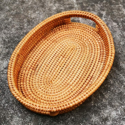 Small Handmade Rattan Basket, Oval Wicker Bowl, Rustic Serving Tray with Handles, Fruit Bowls, Table Organizers Storage Dish for Food, Catering, Catchall, Brown, S, 12.6 Inch