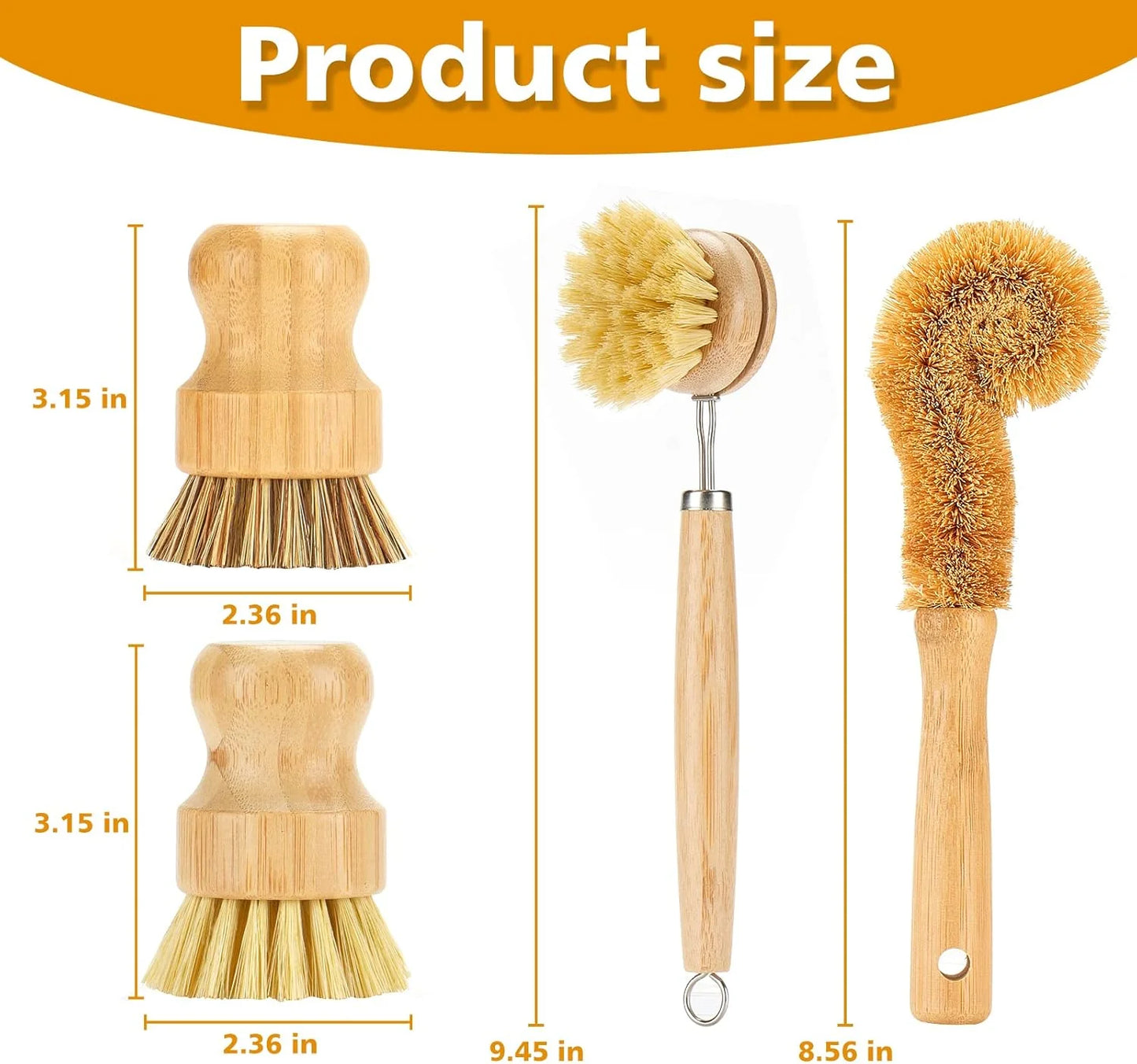 4 Piece Bamboo Dish Brush Set with Coconut Sponge - Wooden Dish Brush with Sisal and Palm Fiber, Natural Bamboo Dish Scrub Brush for Kitchen Cleaning Dishes, Pots, Pans, Bottles, Vegetables (Copy)